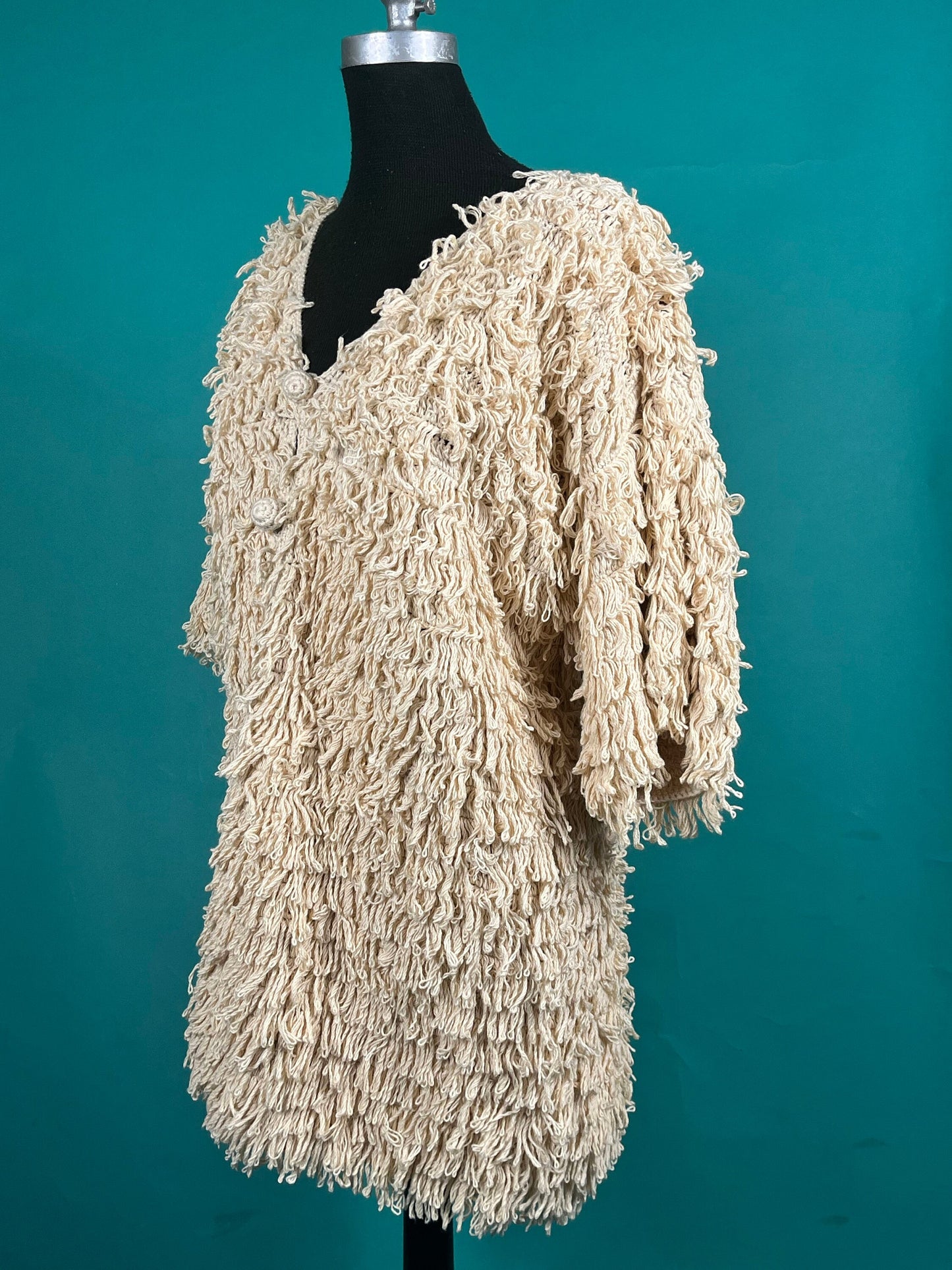 Vintage 70s Quarter Sleeve Crochet Knit Mini Shag Button Up Boho Andrea by Danimel Winter Pullover Coat Jacket size Large