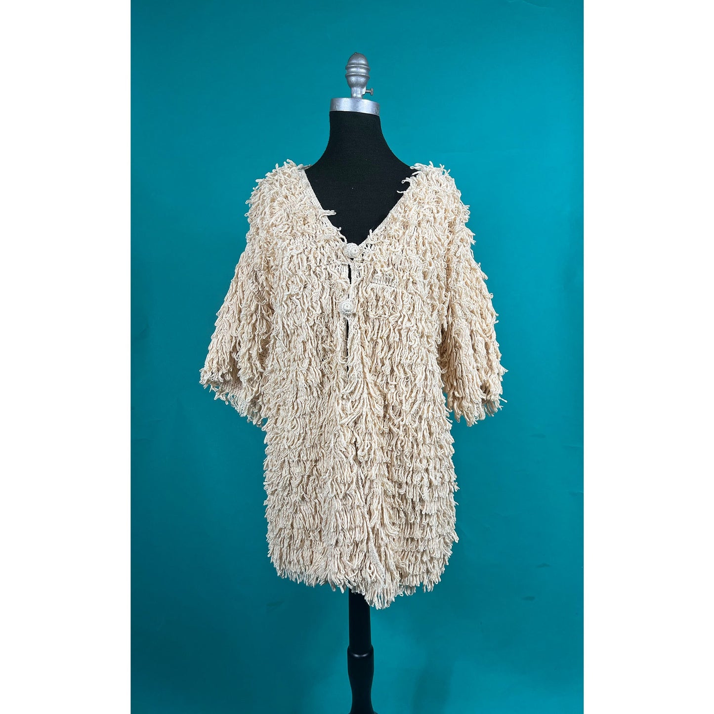 Vintage 70s Quarter Sleeve Crochet Knit Mini Shag Button Up Boho Andrea by Danimel Winter Pullover Coat Jacket size Large