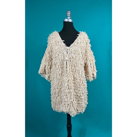 Vintage 70s Quarter Sleeve Crochet Knit Mini Shag Button Up Boho Andrea by Danimel Winter Pullover Coat Jacket size Large