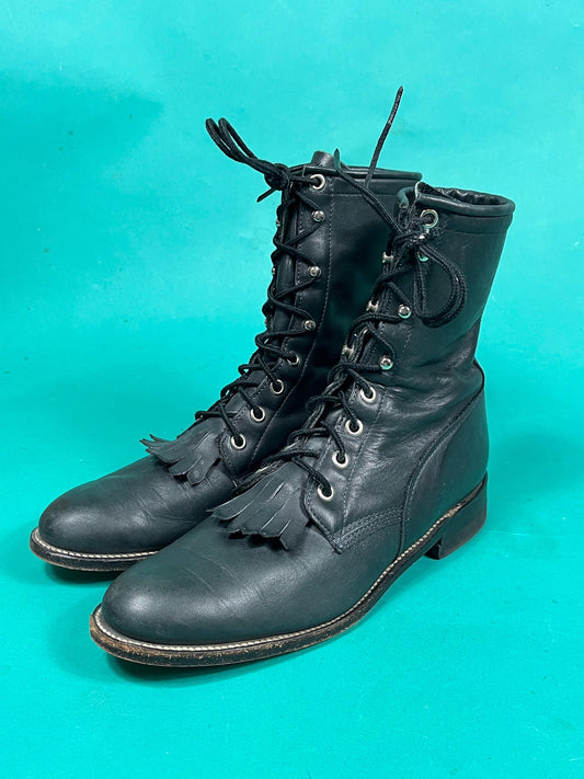Vintage 80s Black Leather Justin Lace Up Fringe Tassel Western Boots size 7 and a half