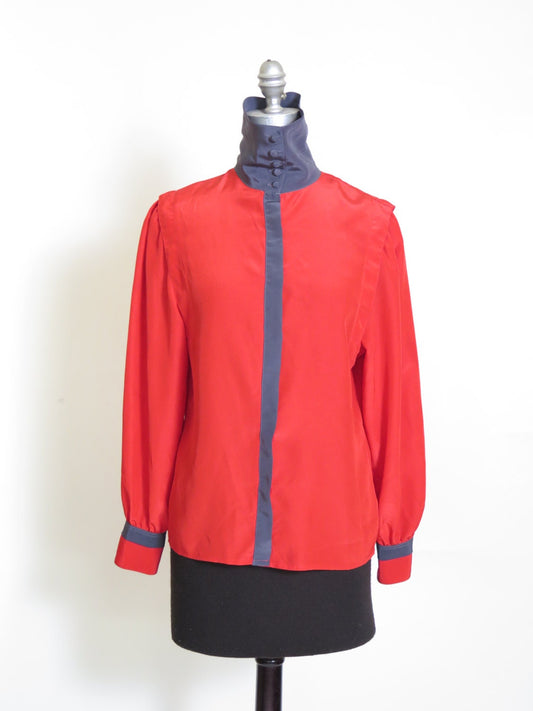 Two Tone Red and Black Mock neck Vintage 70s Long Sleeve Button Up Blouse